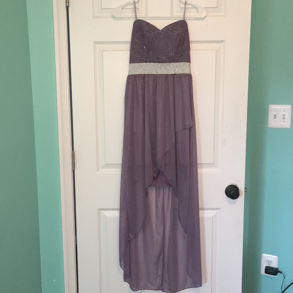 Purple strapless high low prom / homecoming dress